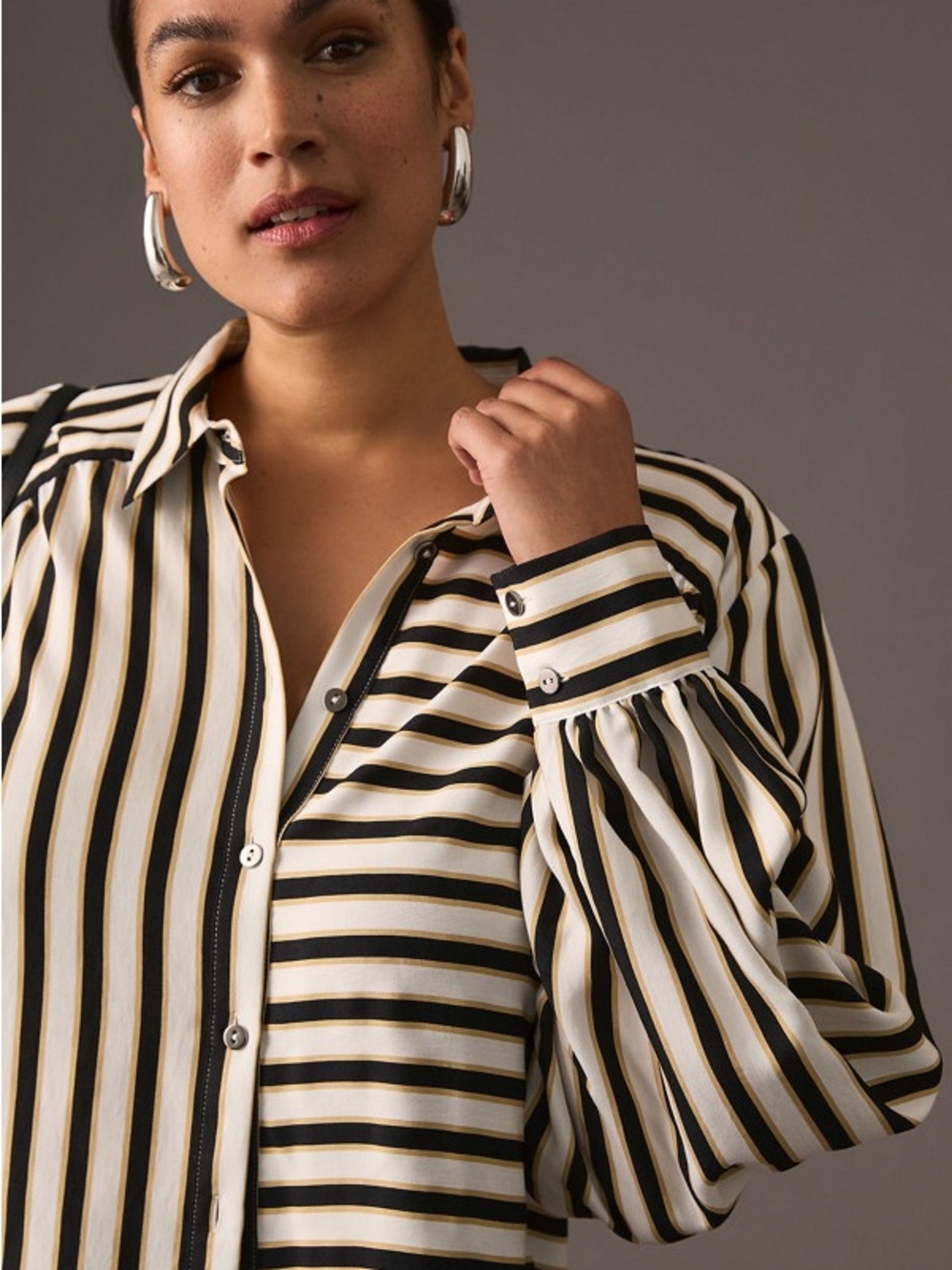 Anthropologie Maeve Silky Black and Cream Striped Casual Button-Down Small